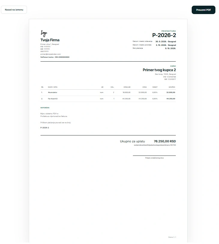 Primer profakture napravljene u MojSekretar platformi